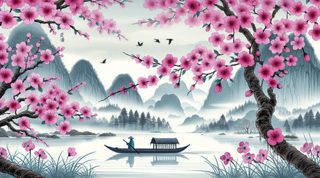 Cherry blossom wallpaper creating a peaceful atmosphere in a modern living room with soft natural light