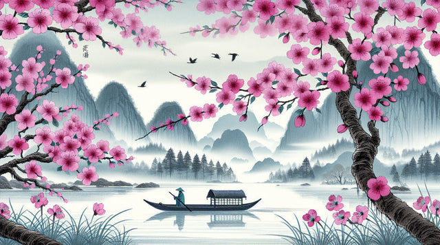 Cherry blossom wallpaper creating a peaceful atmosphere in a modern living room with soft natural light