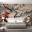 Japanese Cherry Blossom Wallpaper creating a peaceful atmosphere in a modern living room with mountain and birds design