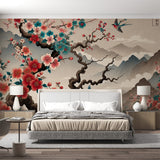 Japanese Cherry Blossom Wallpaper creating a peaceful atmosphere in a modern living room with mountain and birds design