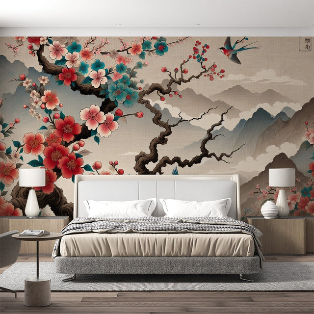 Japanese Cherry Blossom Wallpaper creating a peaceful atmosphere in a modern living room with mountain and birds design