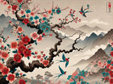 Cherry Blossom Wallpaper design file showing detailed pink blossoms and birds against misty mountains