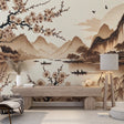 Japanese mountain lake wallpaper creates a peaceful atmosphere in a modern living room with minimal furniture