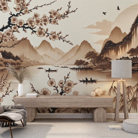 Japanese mountain lake wallpaper creates a peaceful atmosphere in a modern living room with minimal furniture