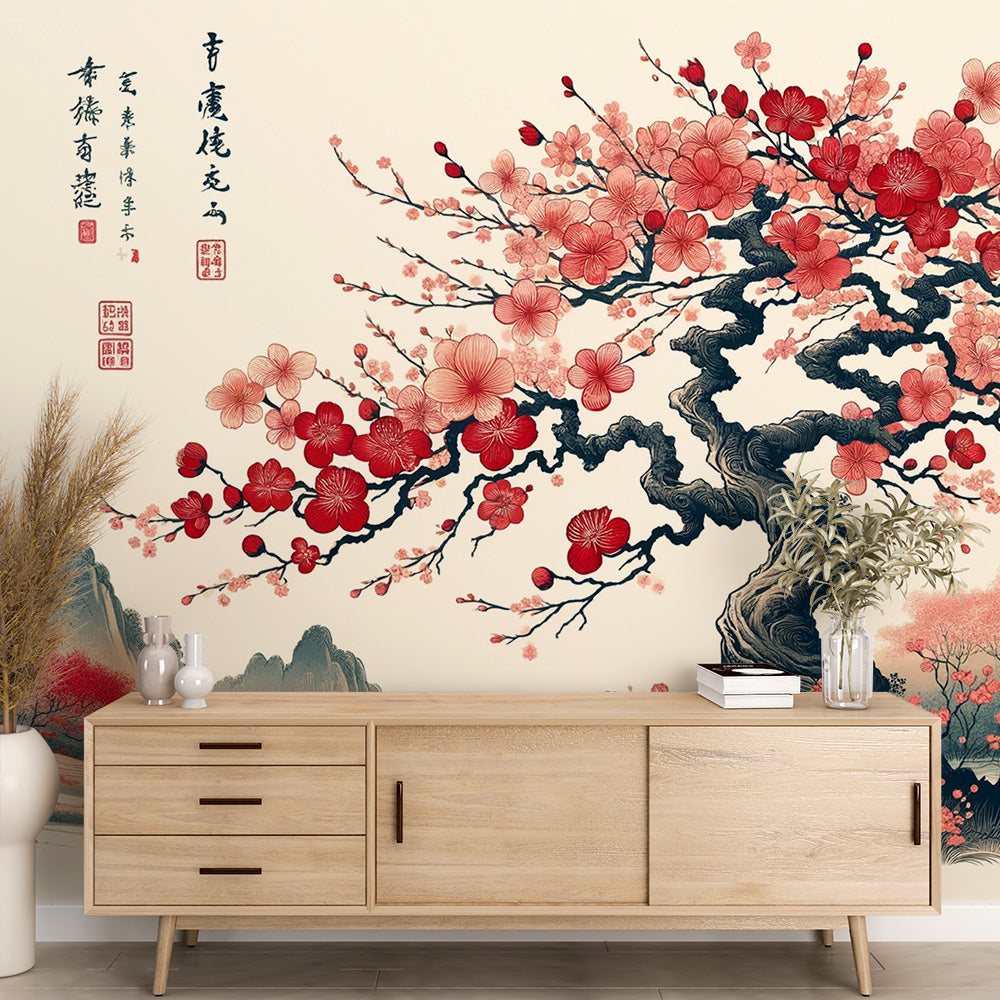 Japanese Cherry Blossom wallpaper creating a peaceful atmosphere in modern living room with natural light