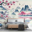 Japanese Cherry Blossom Wallpaper creating a serene atmosphere in a modern bedroom with soft morning light