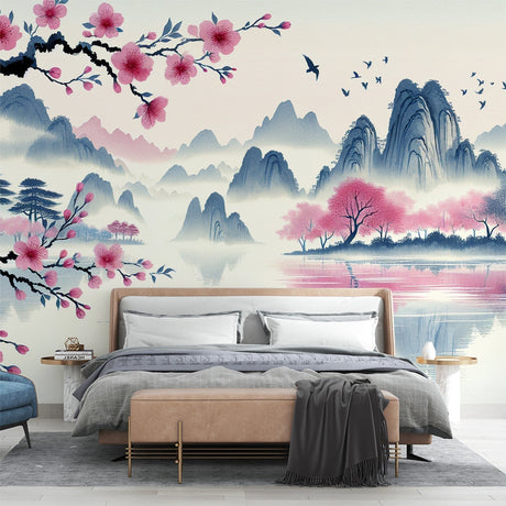 Japanese Cherry Blossom Wallpaper creating a serene atmosphere in a modern bedroom with soft morning light
