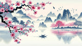 Cherry Blossom Wallpaper design file showing detailed sakura blooms and misty mountain landscape
