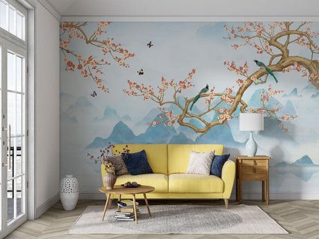 Cherry blossom wall mural creating a peaceful atmosphere in a modern living room with natural light