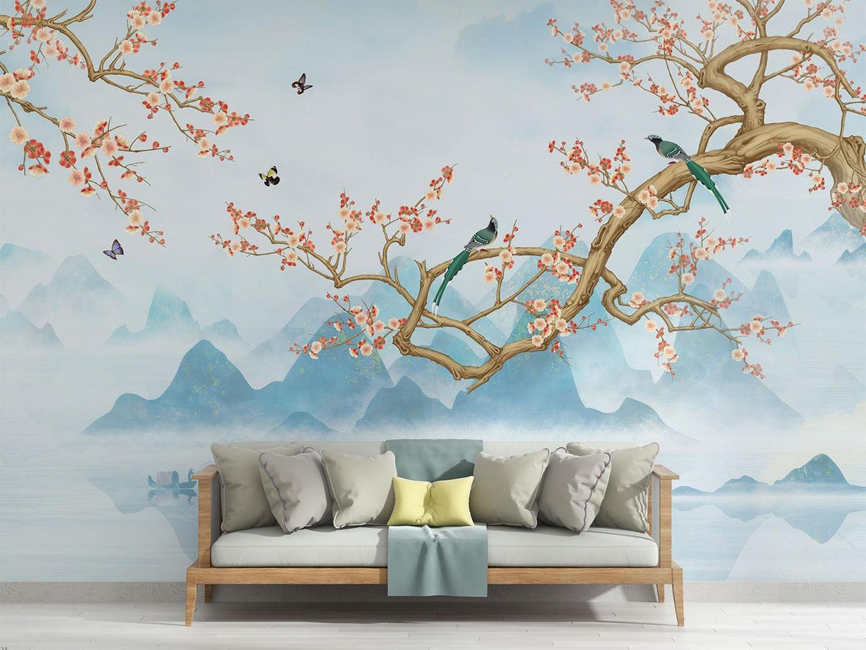 Japanese cherry blossom wallpaper in a minimalist bedroom setting