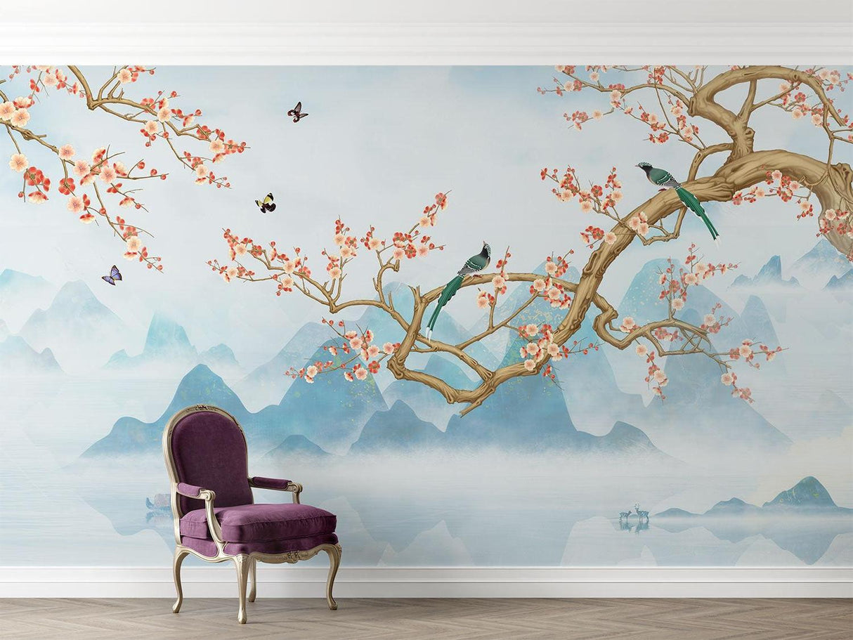 Pink cherry blossom mural adding depth to a dining room space