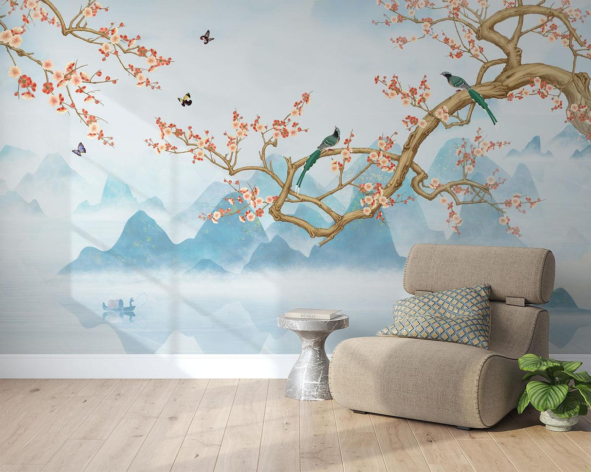 Japanese landscape wallpaper transforming a home office with mountain views