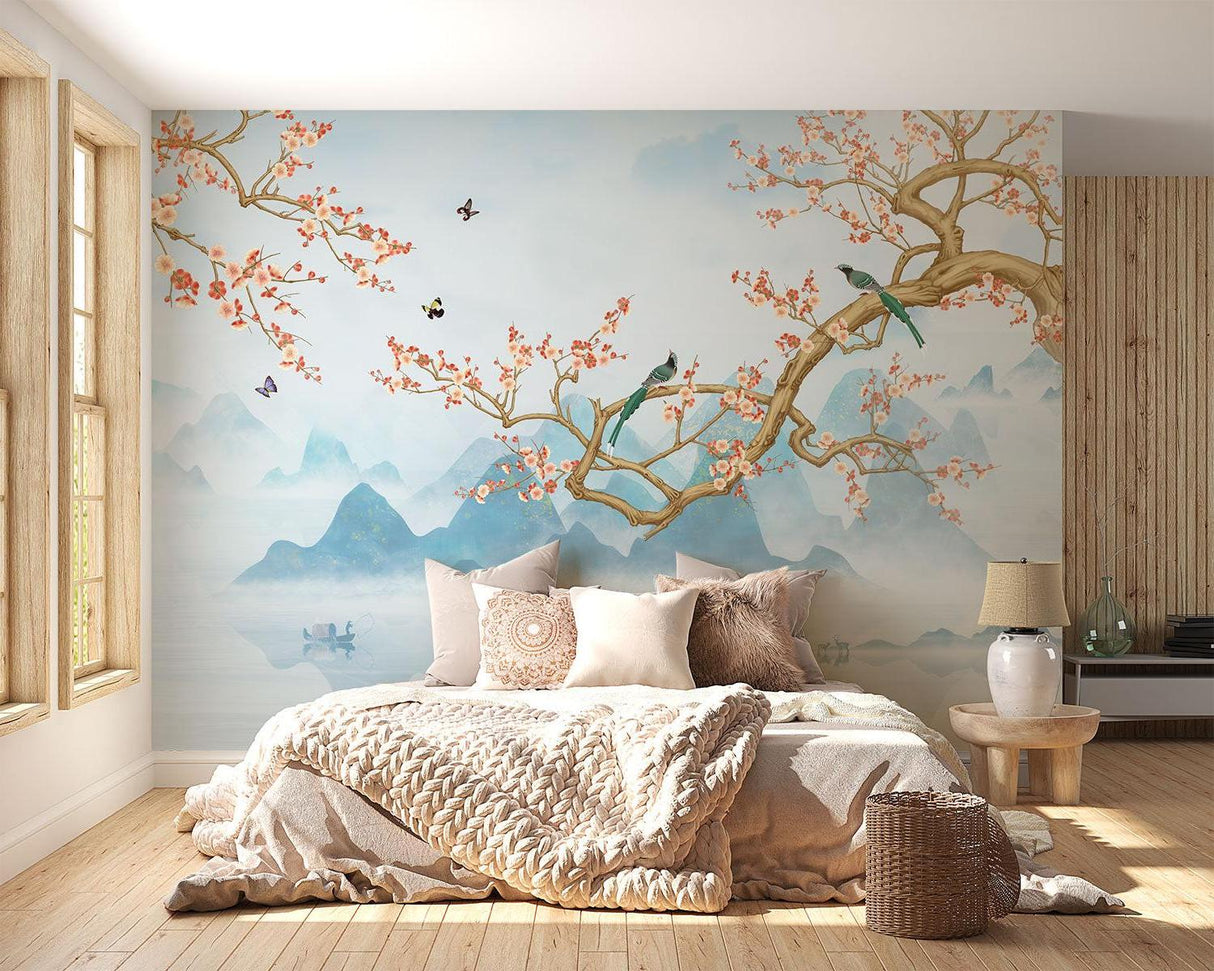 Cherry blossom wall art bringing spring vibes to a meditation room