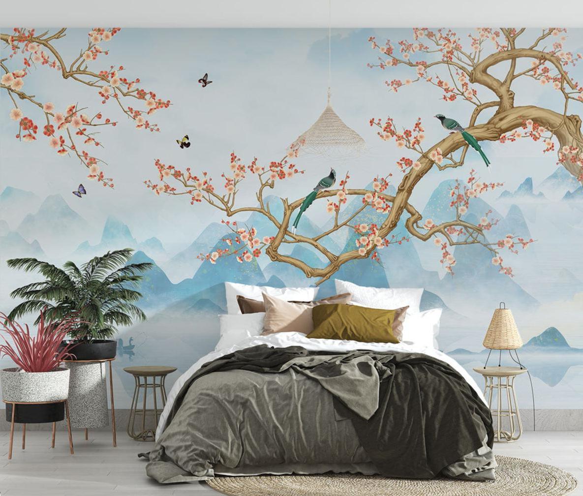 Asian inspired wall mural creating zen atmosphere in an entrance hall