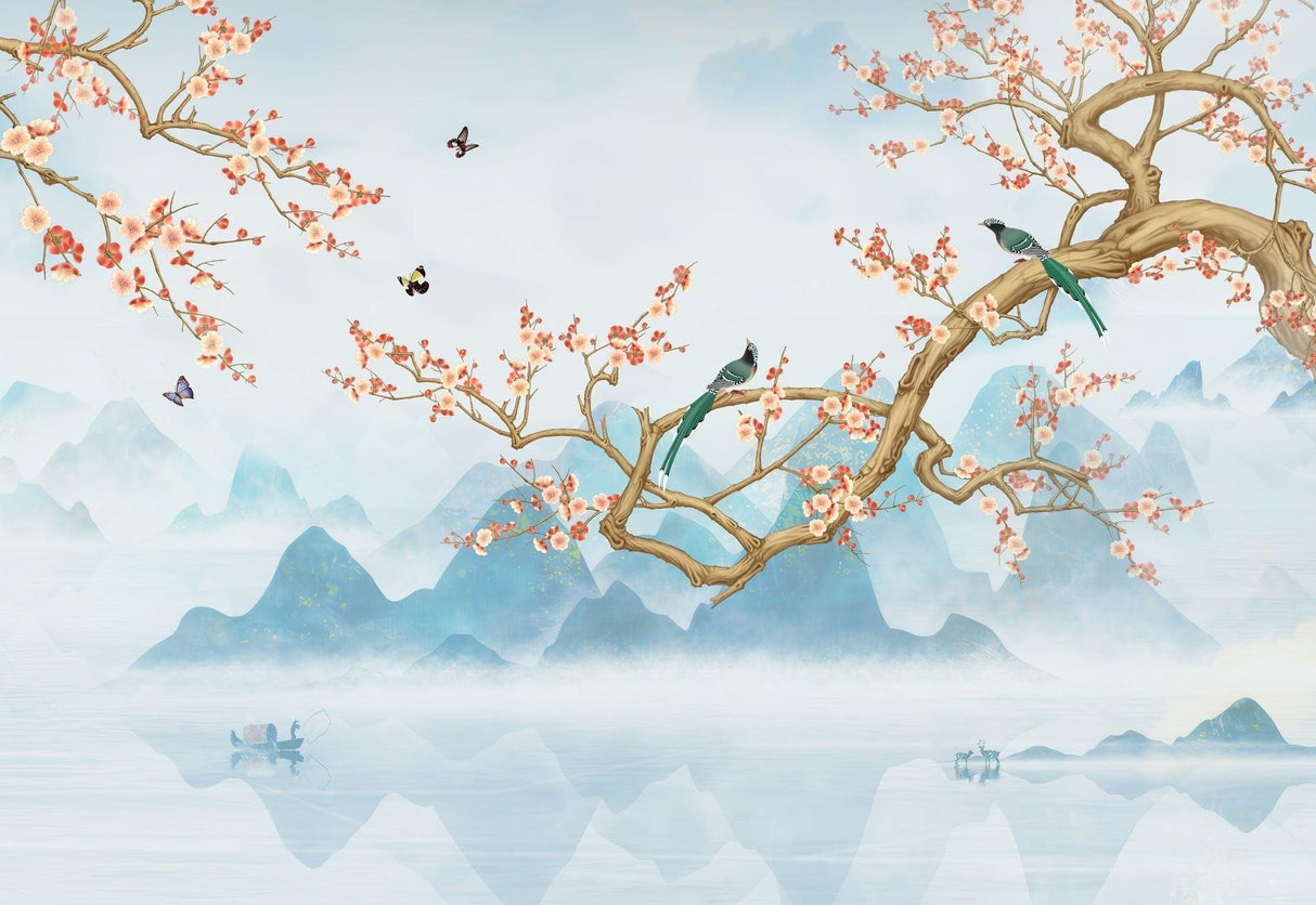 Cherry blossom and mountain landscape design file showing intricate pattern details