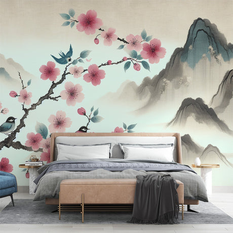 Japanese Cherry Blossom Wallpaper bringing zen vibes to a modern living room with mountain landscape and birds