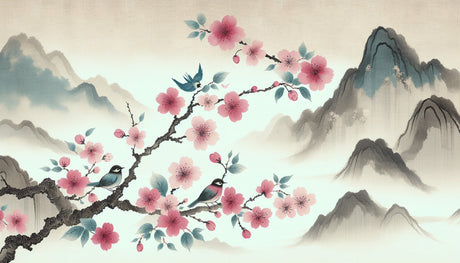 Cherry Blossom Wall Mural design file showing detailed Japanese birds and mountain pattern