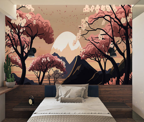Cherry blossom wallpaper in modern living room showing pink flowers against mountain backdrop
