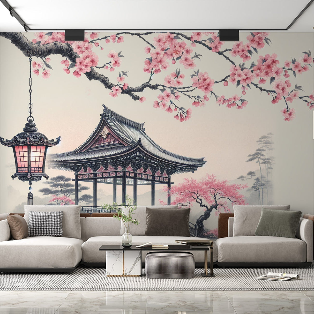 Japanese Cherry Blossom Wallpaper with pagoda and lantern creating a peaceful mood in a modern living room setting