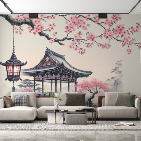 Japanese Cherry Blossom Wallpaper with pagoda and lantern creating a peaceful mood in a modern living room setting