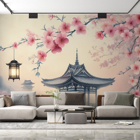 Japanese cherry blossom wallpaper with pagoda creating a serene atmosphere in a modern living room