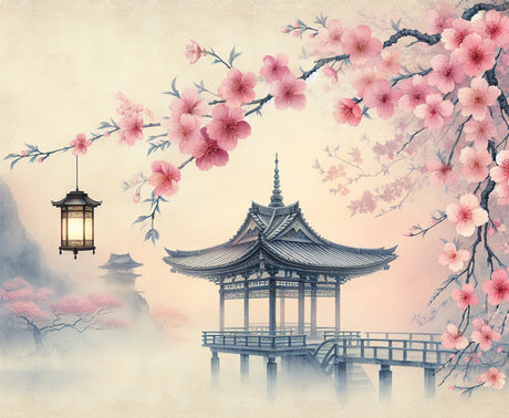 Cherry blossom wallpaper design file showing detailed pink sakura blooms and traditional pagoda