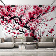 Cherry blossom wallpaper creating a serene atmosphere in a modern Japanese-inspired bedroom with minimal furniture