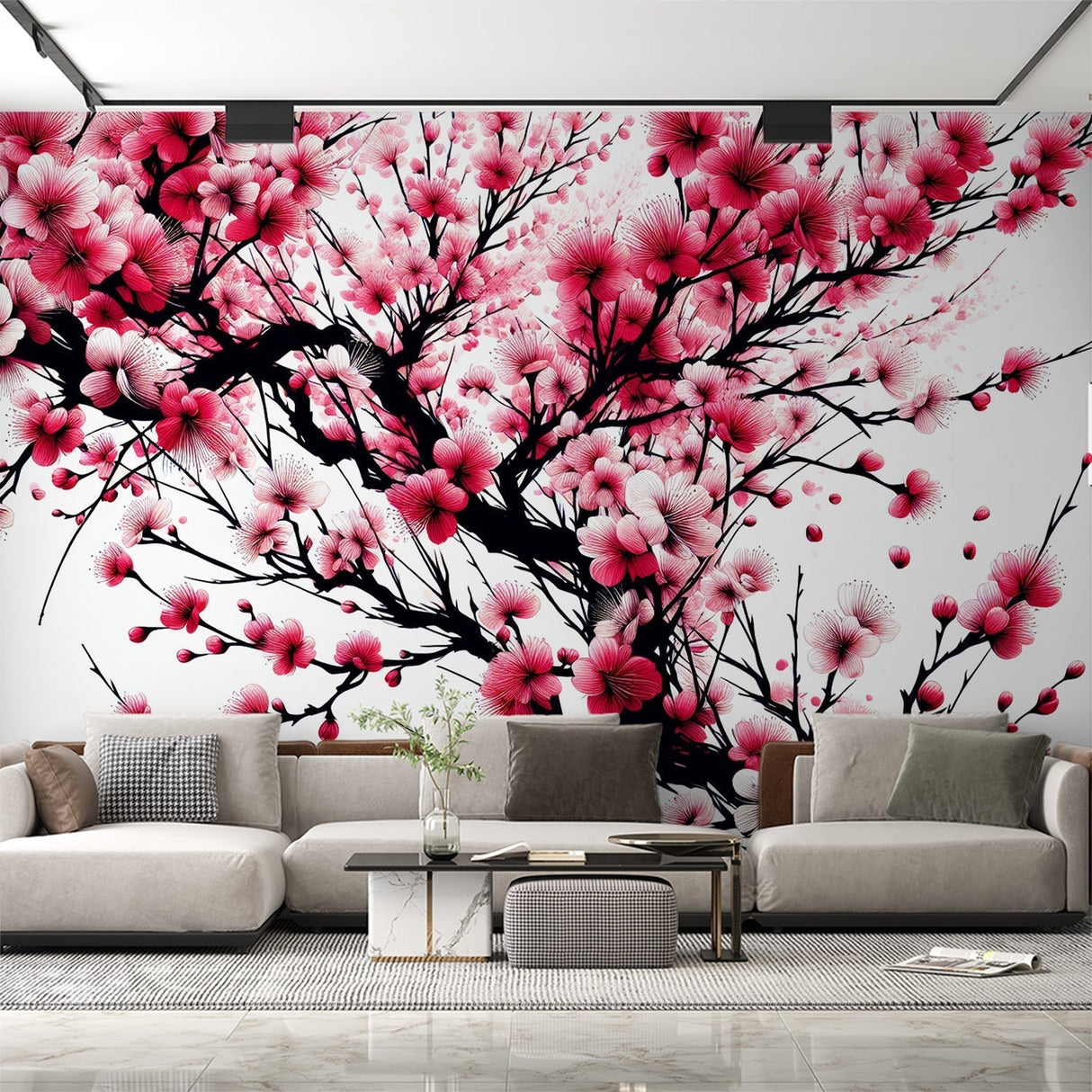 Cherry blossom wallpaper creating a serene atmosphere in a modern Japanese-inspired bedroom with minimal furniture
