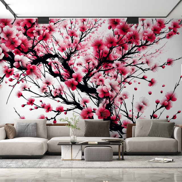 Cherry blossom wallpaper creating a serene atmosphere in a modern Japanese-inspired bedroom with minimal furniture