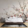 Cherry blossom wallpaper creating a peaceful atmosphere in a modern living room with natural light