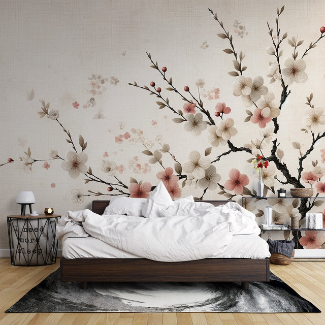 Cherry blossom wallpaper creating a peaceful atmosphere in a modern living room with natural light