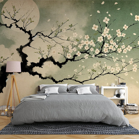 Japanese cherry blossom wallpaper creating a peaceful atmosphere in a modern minimalist bedroom with soft lighting