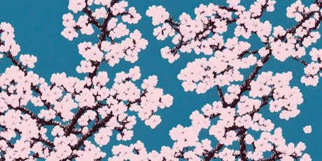 Design file of Japanese sakura blossoms on teal background showing intricate pattern details