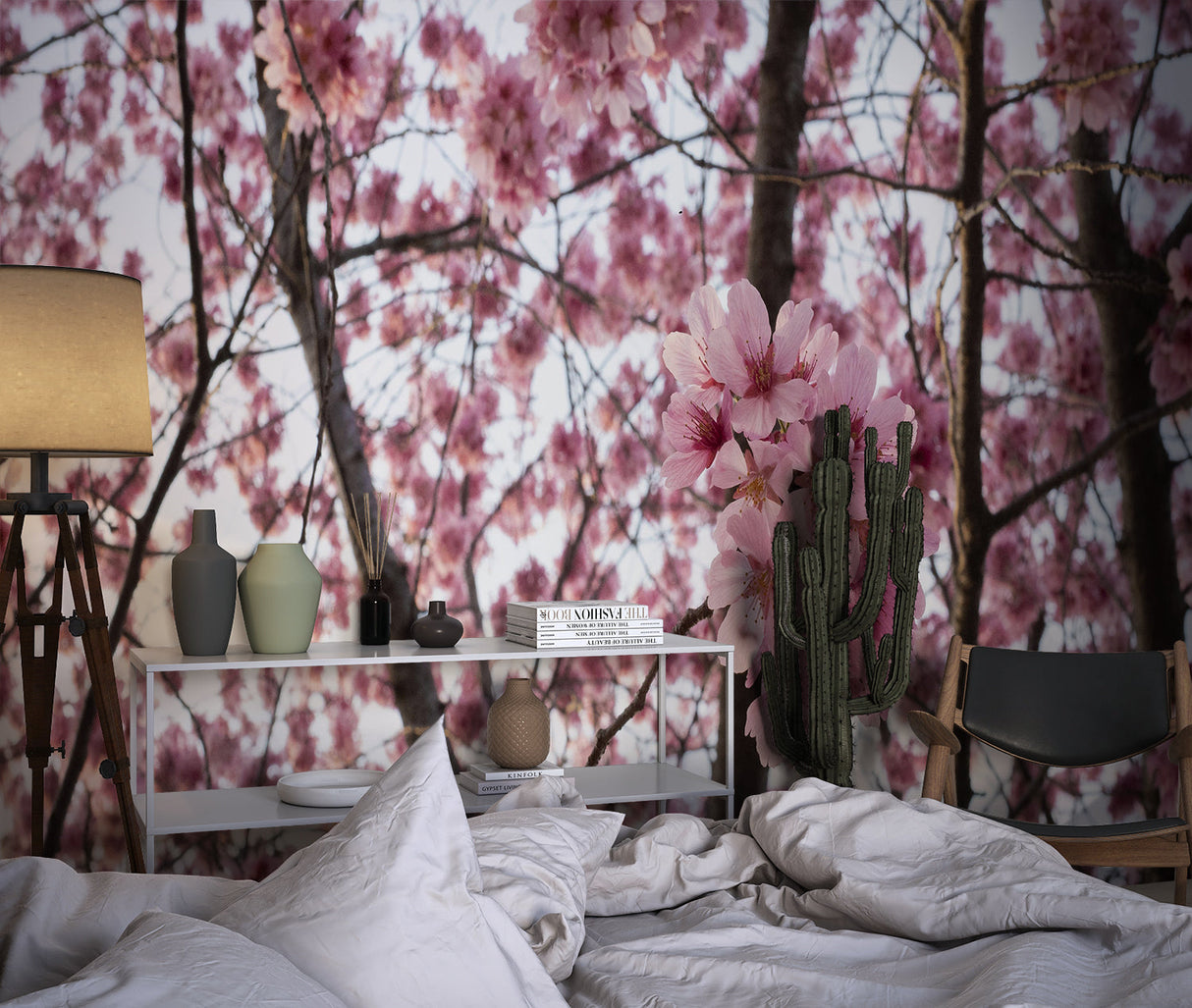 Japanese sakura wallpaper bringing spring feeling to a home office space