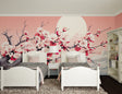 Cherry blossom wallpaper creating a peaceful atmosphere in a modern bedroom with moonlit sakura branches