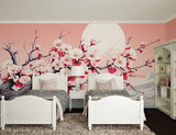 Cherry blossom wallpaper creating a peaceful atmosphere in a modern bedroom with moonlit sakura branches