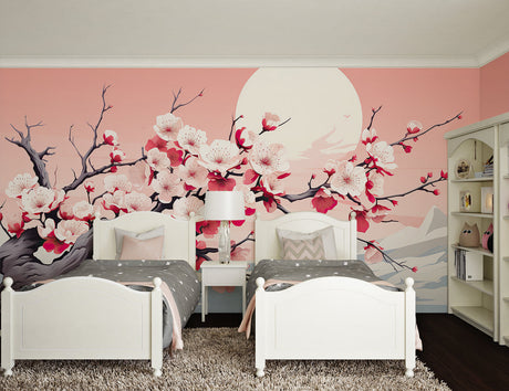 Cherry blossom wallpaper creating a peaceful atmosphere in a modern bedroom with moonlit sakura branches