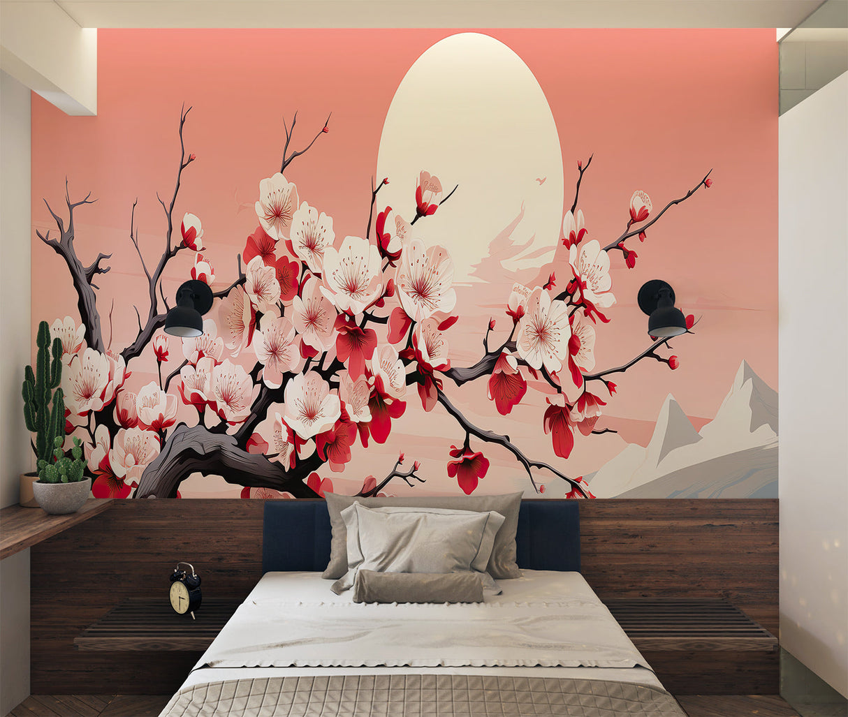 Japanese cherry blossom mural brightening a minimalist living room space