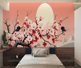 Japanese cherry blossom mural brightening a minimalist living room space