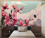 Pink cherry blossom mural adding Asian flair to a contemporary dining room