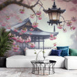 Japanese temple cherry blossom wallpaper creating a serene atmosphere in a modern living room with minimal furniture