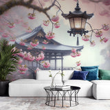 Japanese temple cherry blossom wallpaper creating a serene atmosphere in a modern living room with minimal furniture