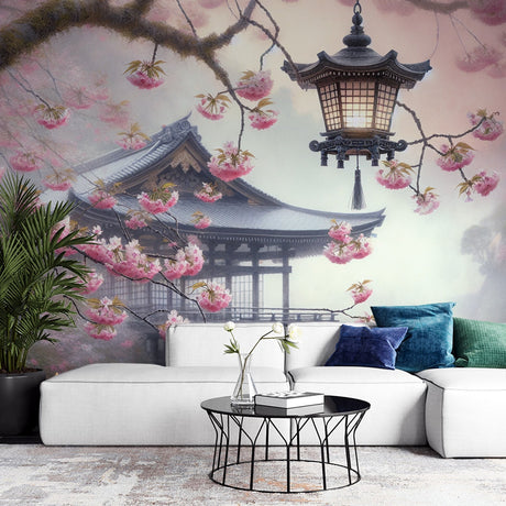 Japanese temple cherry blossom wallpaper creating a serene atmosphere in a modern living room with minimal furniture
