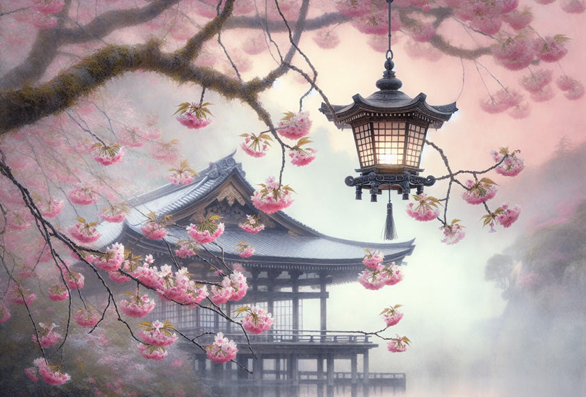 Cherry blossom temple wallpaper design file showing detailed lantern and sakura pattern