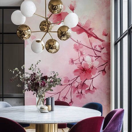 Cherry blossom wallpaper creating a peaceful atmosphere in a modern bedroom with natural light