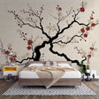 Japanese Cherry Blossom Wallpaper creating a zen atmosphere in a modern minimalist bedroom with natural light