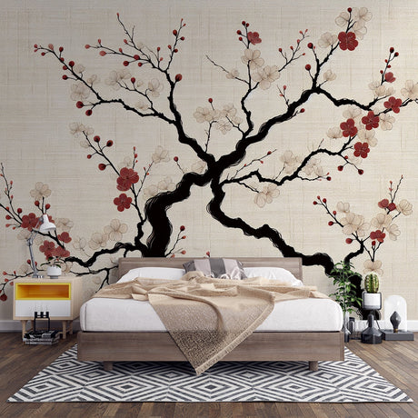Japanese Cherry Blossom Wallpaper creating a zen atmosphere in a modern minimalist bedroom with natural light