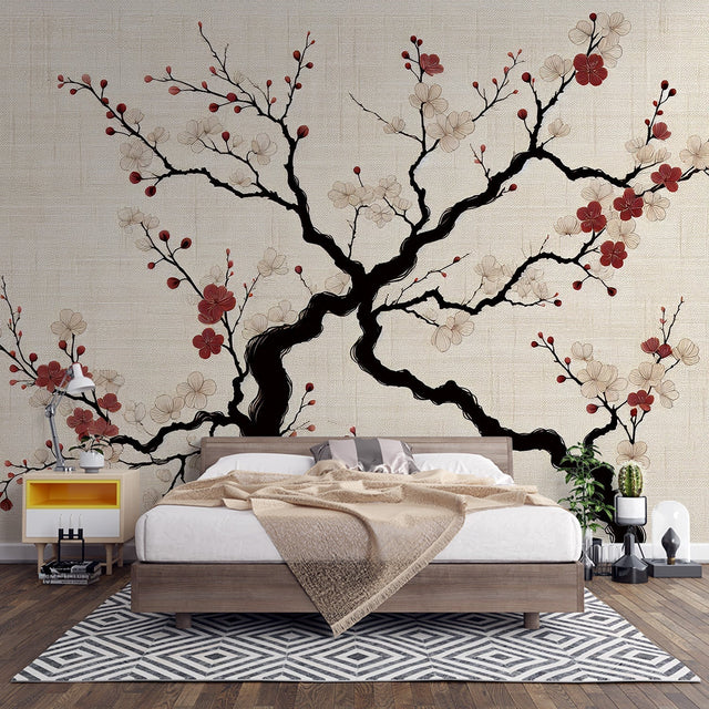 Japanese Cherry Blossom Wallpaper creating a zen atmosphere in a modern minimalist bedroom with natural light