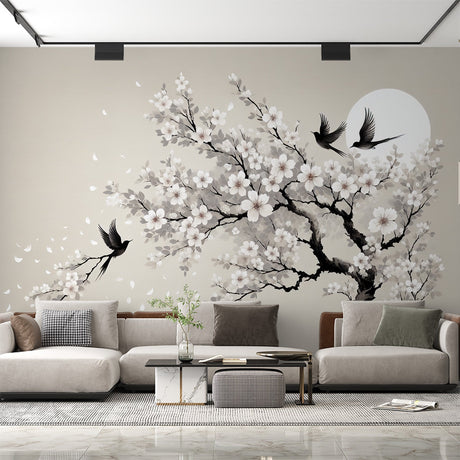 Cherry blossom wallpaper mural creating a serene atmosphere in a modern minimalist bedroom with soft lighting