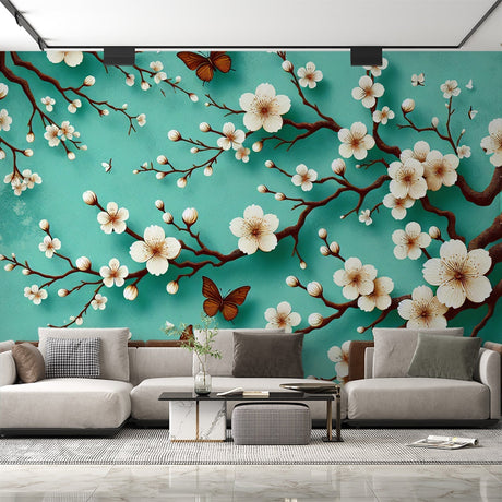 Cherry blossom wallpaper with butterflies creates a peaceful sanctuary in a modern bedroom with natural light